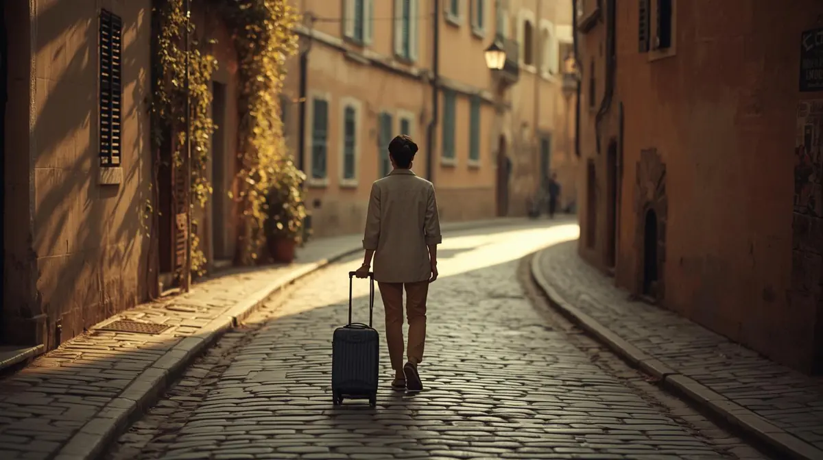 A traveller pulling a carry-on suitcase down a narrow cobblestone street in an old European town, warm late-afternoon light on the stone buildings