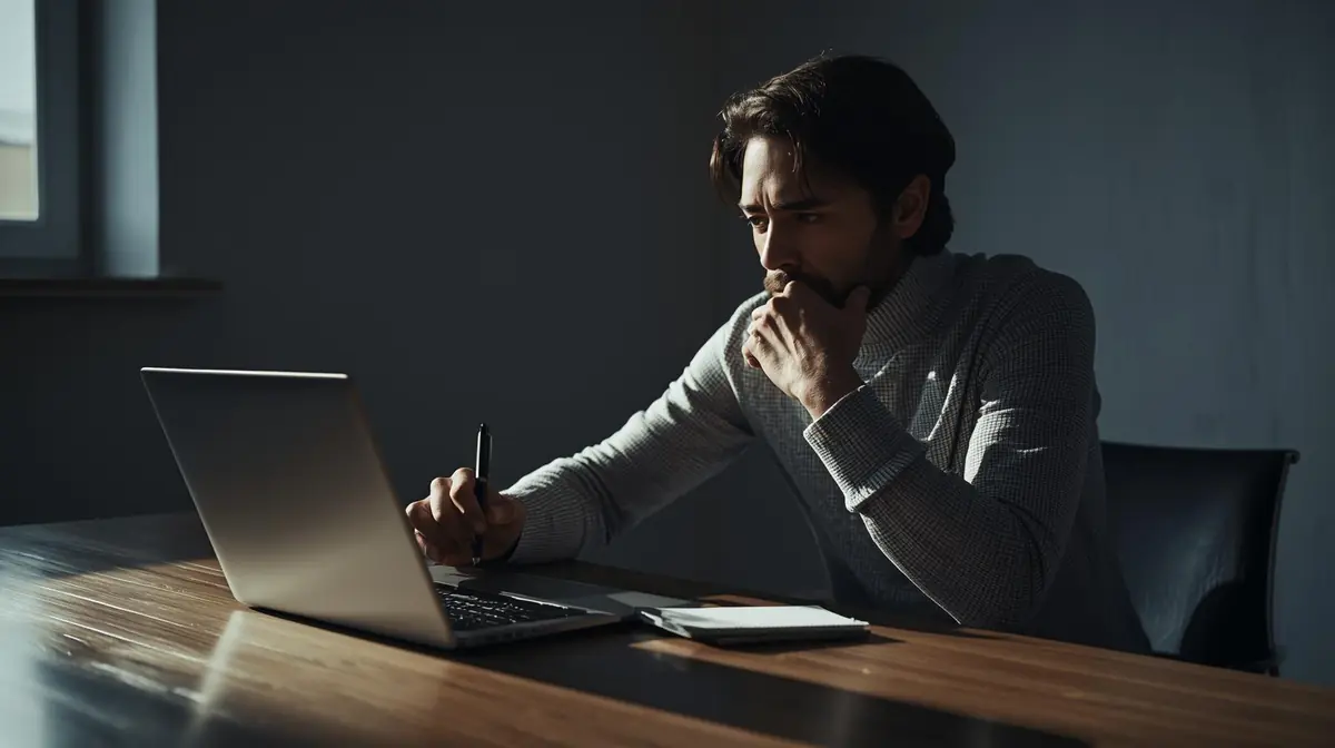 A person reviewing AI-generated text on a laptop screen, pen in hand, with a thoughtful expression suggesting scrutiny rather than acceptance