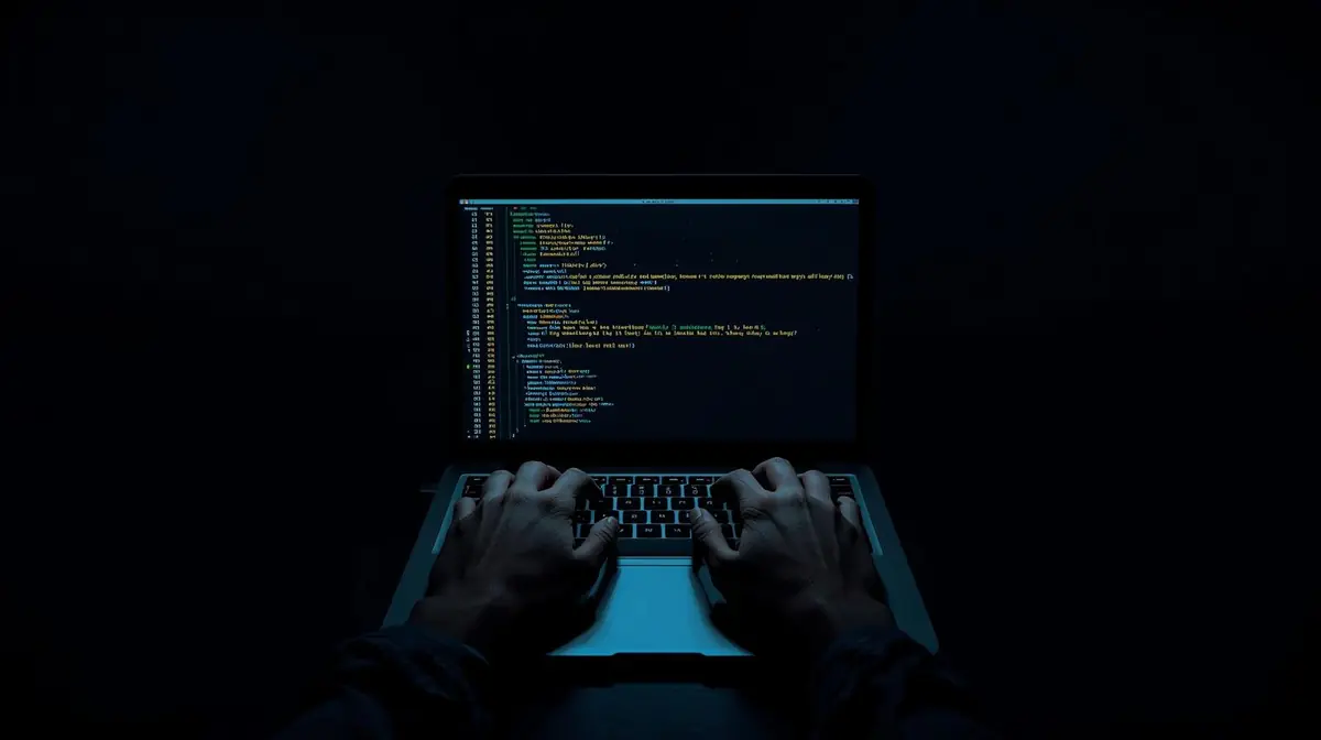 A beginner developer's desk with a laptop showing code, a notebook with handwritten notes, and a coffee cup, suggesting early-stage learning