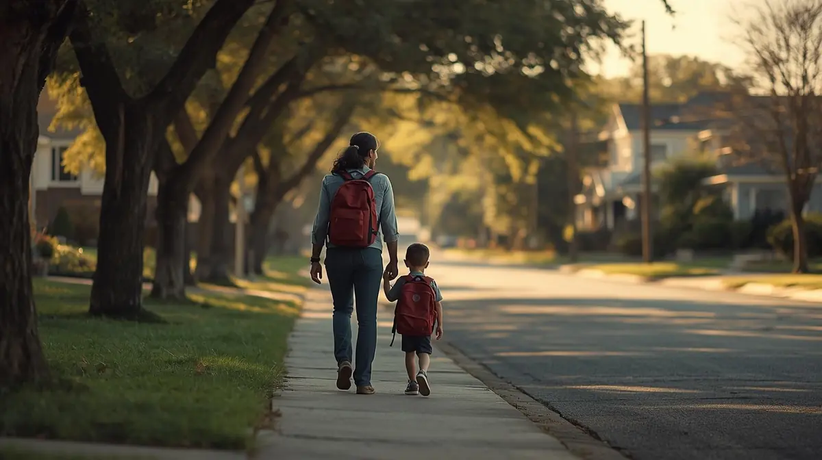 A parent and child walking home together and talking casually after school in soft afternoon light.