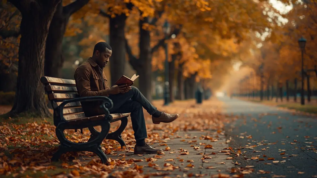 A person absorbed in reading a paperback on a wooden park bench surrounded by fallen autumn leaves in warm golden afternoon light