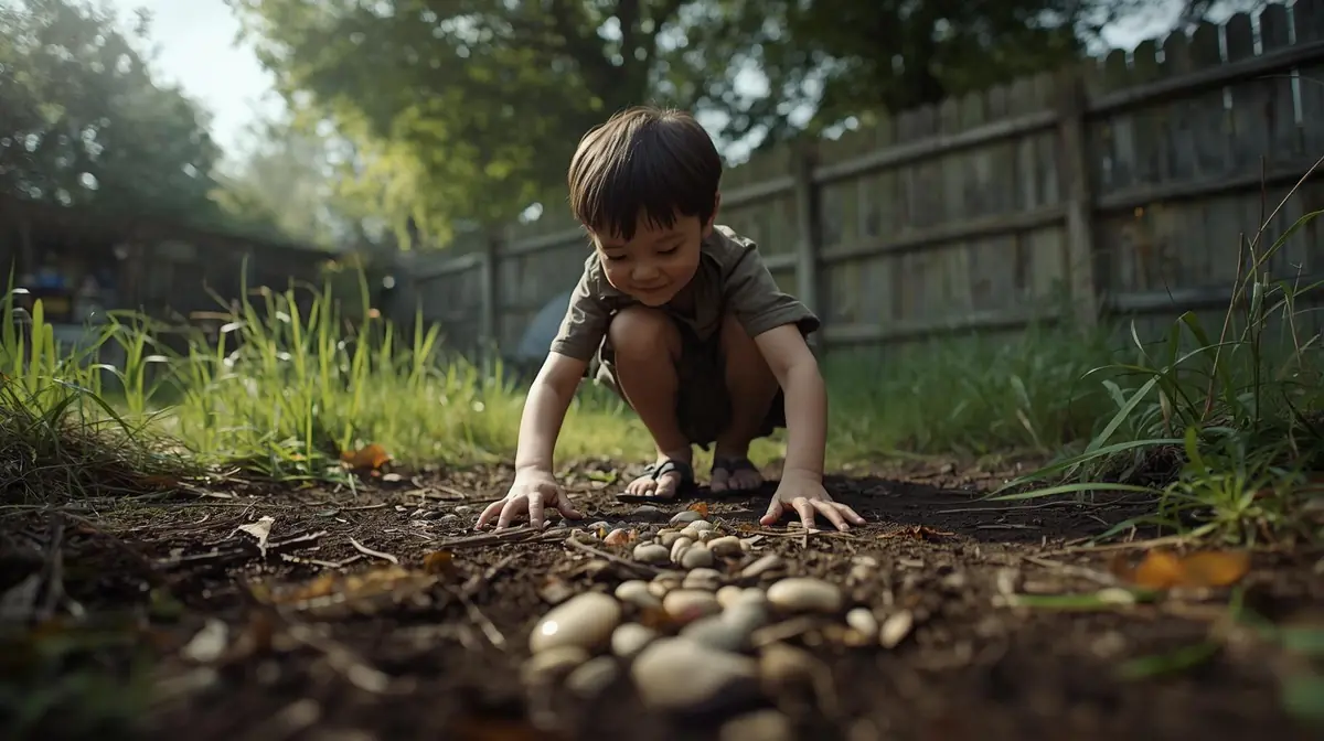 Two young children playing independently outdoors, one arranging stones and sticks on the ground, the other drawing patterns in the dirt, in warm afternoon light