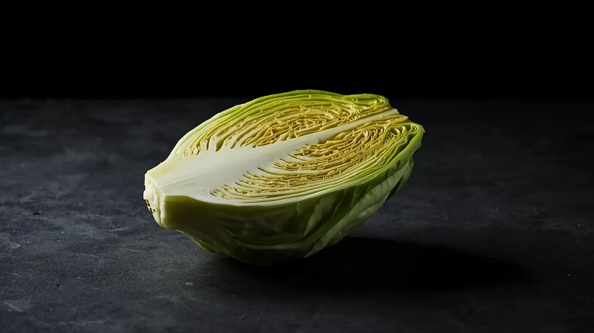 A halved green cabbage on a dark wooden cutting board, revealing its tightly layered interior, lit by soft natural light from the side