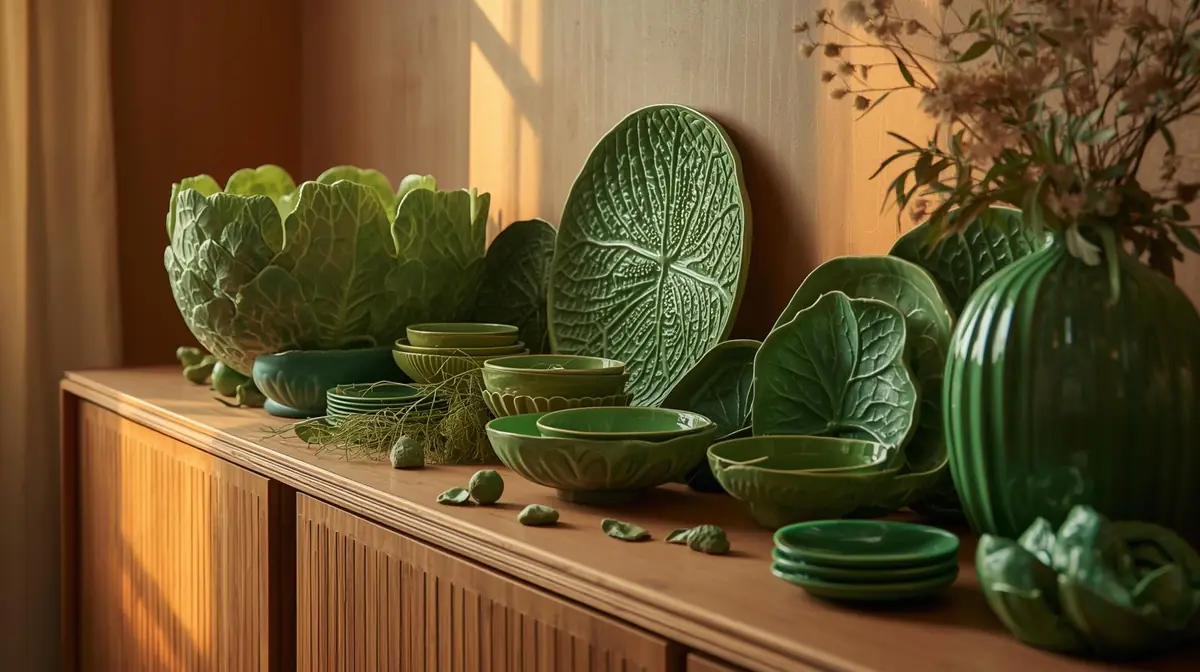 A dining table styled with lush green ceramic leaf bowls, botanical-print table linen, and a large leafy ceramic vase, in warm ambient home lighting