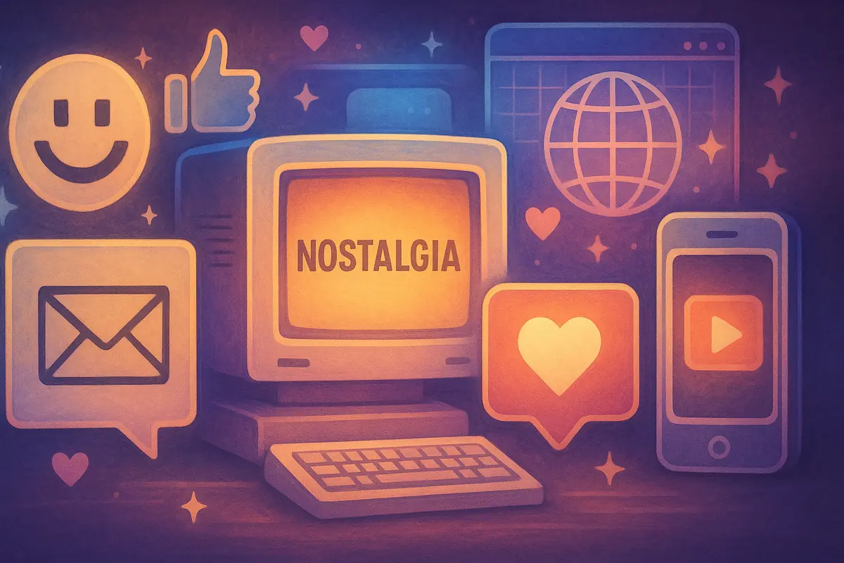 A realistic digital collage showing old and new internet icons blended with retro screens and soft neon lighting, symbolizing online nostalgia.