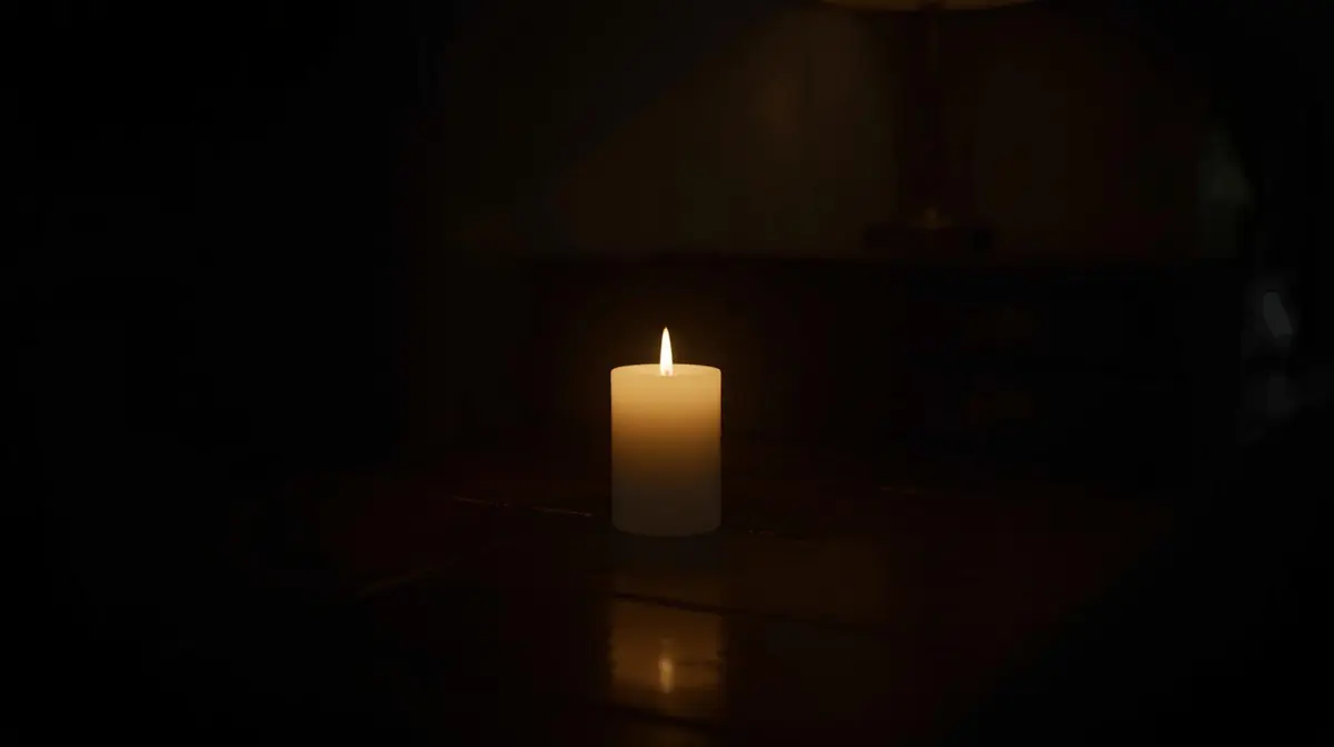 A single candle glowing in a dark room next to switched-off lamps, suggesting the quiet of Earth Hour