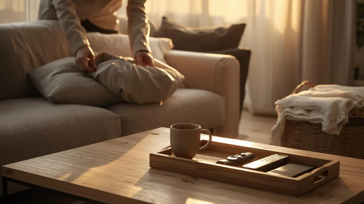 A realistic modern living room being tidied at sunset with soft warm light and neatly arranged cushions and surfaces.