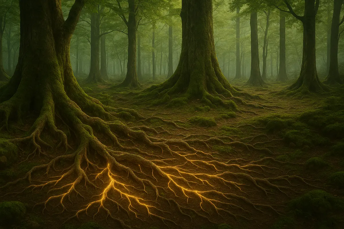 A realistic forest floor with glowing root-like connections representing communication between trees.