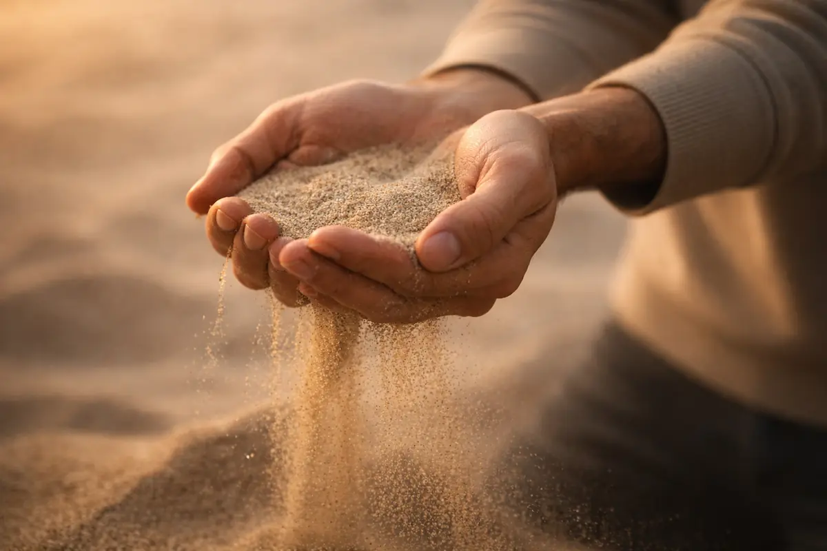 A realistic image of a person holding sand slipping through their fingers against a soft, neutral background, symbolizing the illusion of control and acceptance of uncertainty.