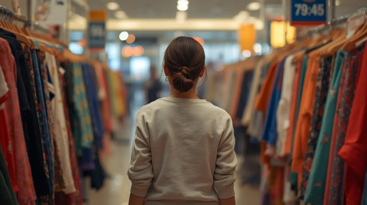Neatly folded clothes on a wooden shelf beside an empty shopping bag, suggesting intentional ownership over accumulation