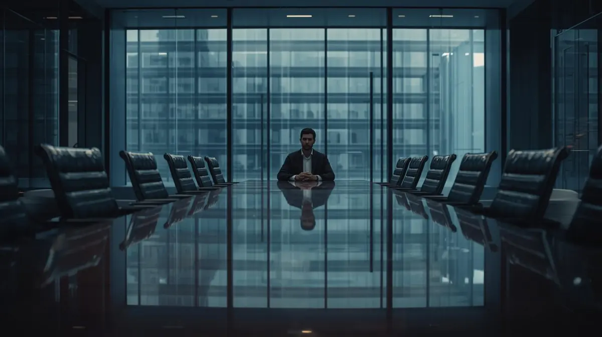 A blurred open-plan office with empty chairs and a single person reviewing documents at a standing desk
