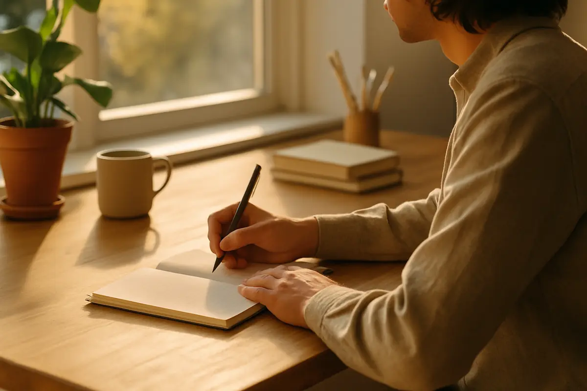 A realistic photo of a person writing calmly at a wooden desk with soft morning light, symbolizing slow focused work and mental clarity.
