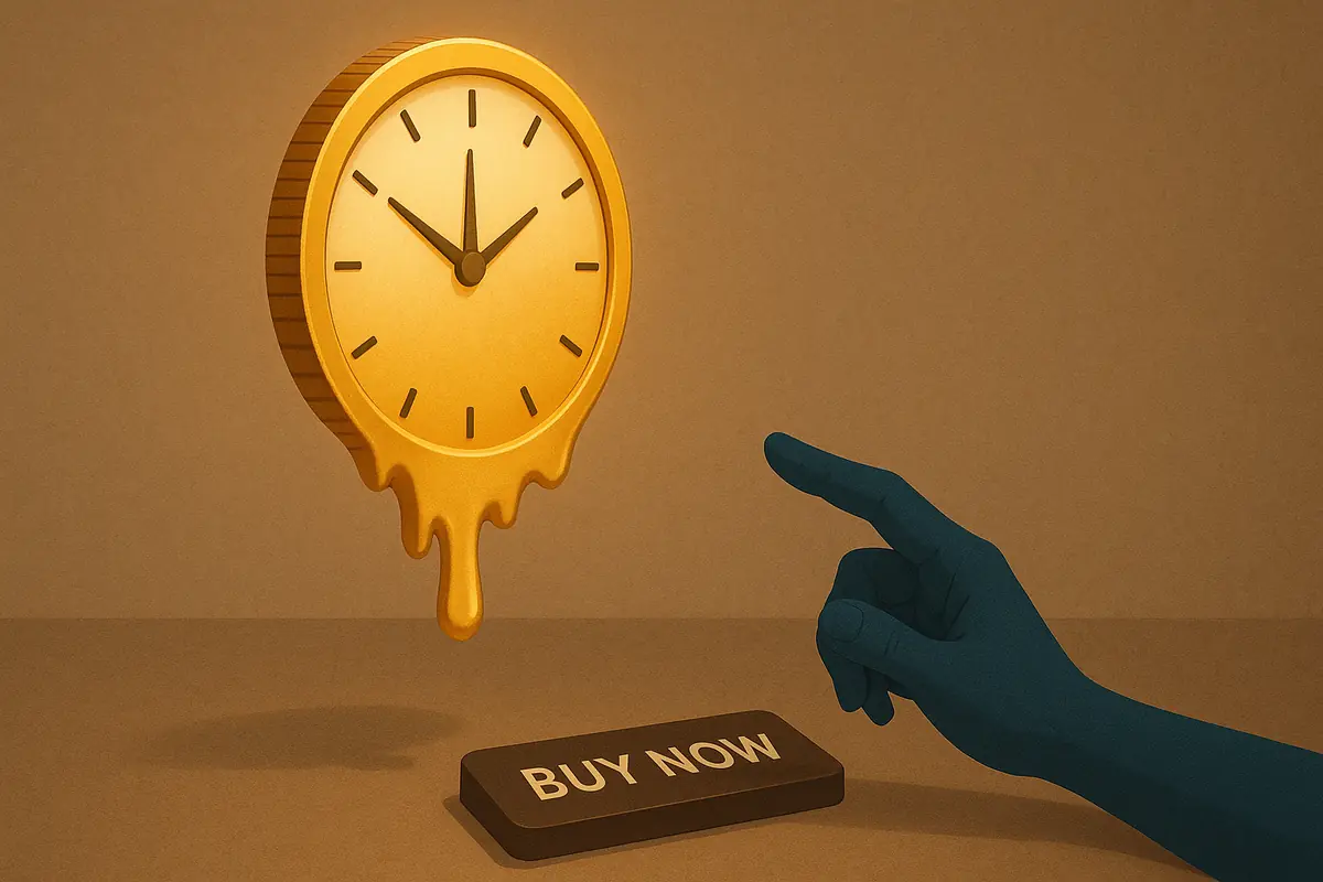A creative digital illustration showing time and money intertwined—a glowing clock face transforms into a gold coin as a person hesitates before spending, symbolizing the 10-minute rule for mindful purchases.