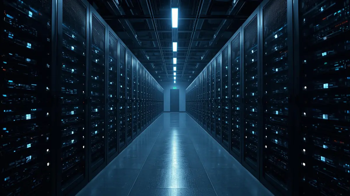 A long corridor of high-density server racks inside a large data centre, lit with cool blue ambient light, rows of blinking hardware extending into the distance