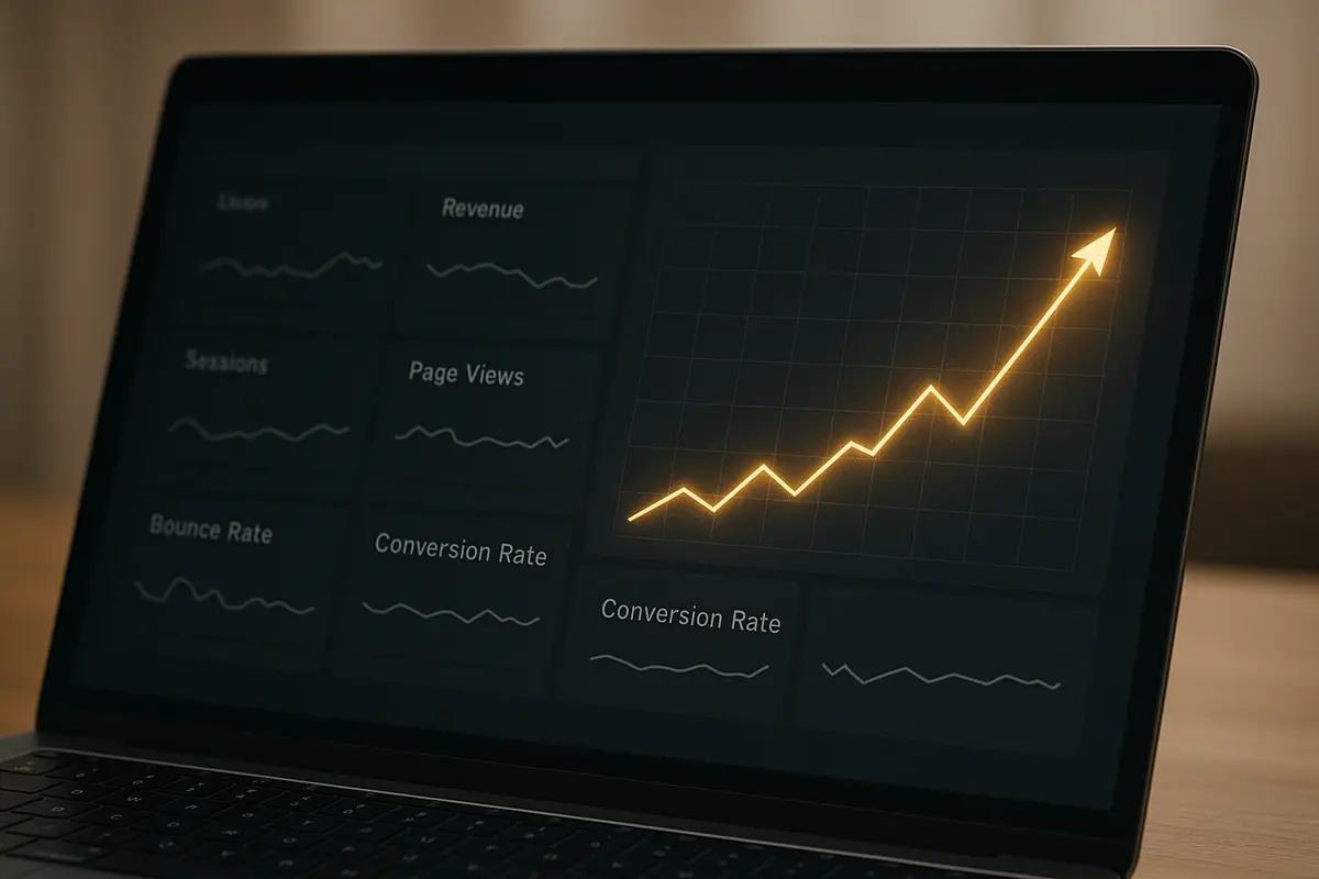A clean illustration of a single rising metric line glowing above a dimmed dashboard of irrelevant metrics.