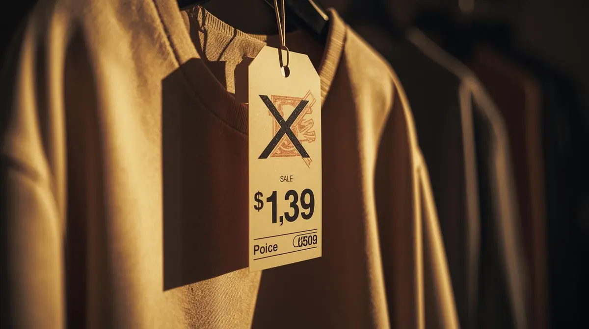A price tag showing a crossed-out high number above a lower sale price on a clothing rack