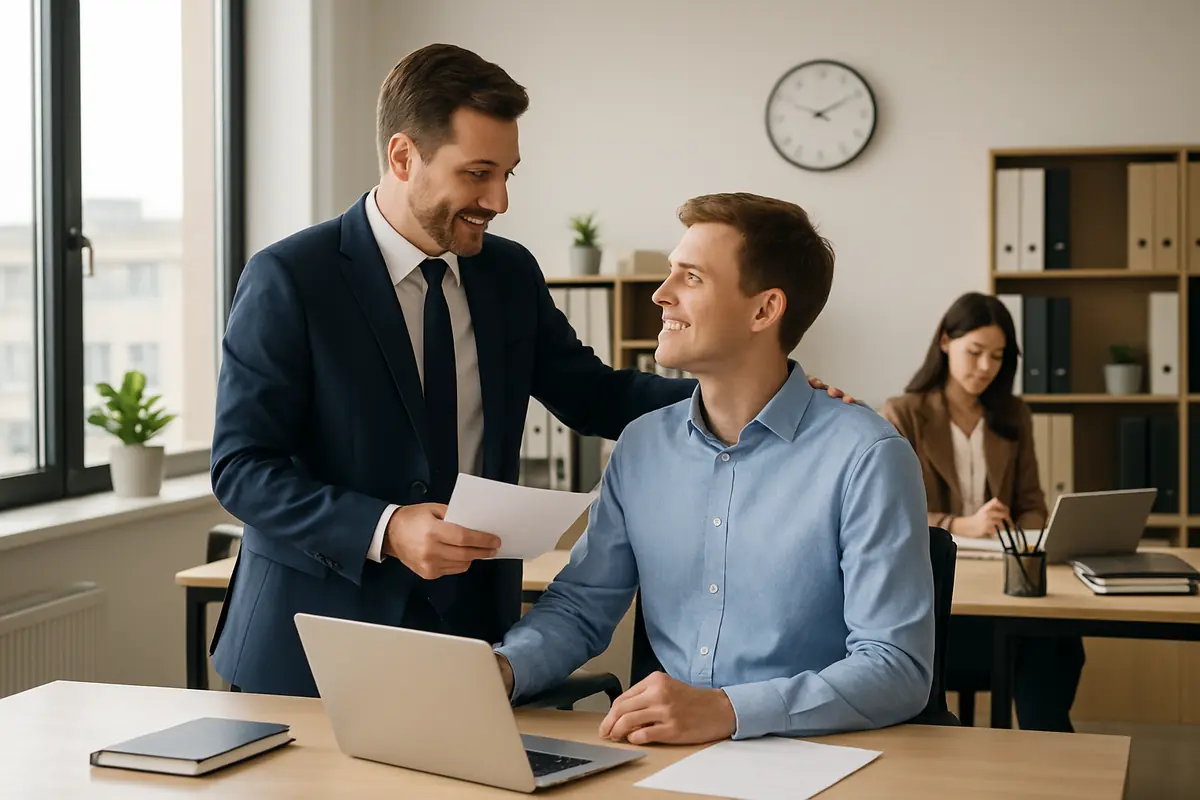 A realistic office scene showing a confident employee being acknowledged by a manager, symbolizing career growth and promotion.
