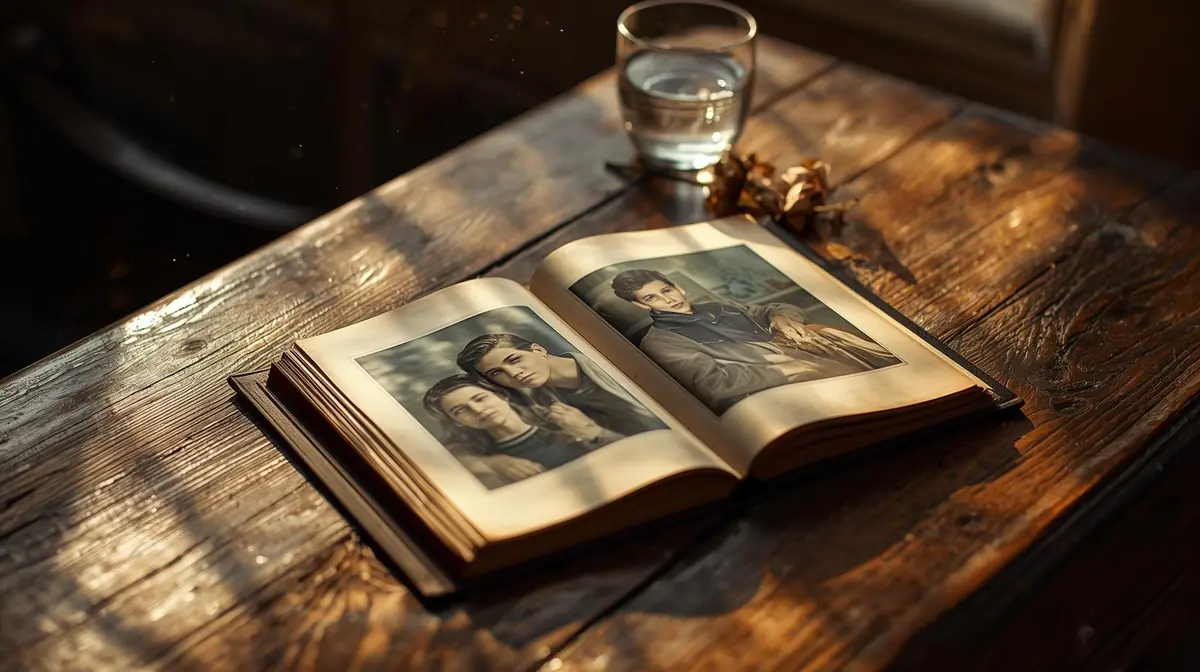 A worn photo album open on a wooden table, faded photographs of teenagers visible, warm afternoon light casting soft shadows