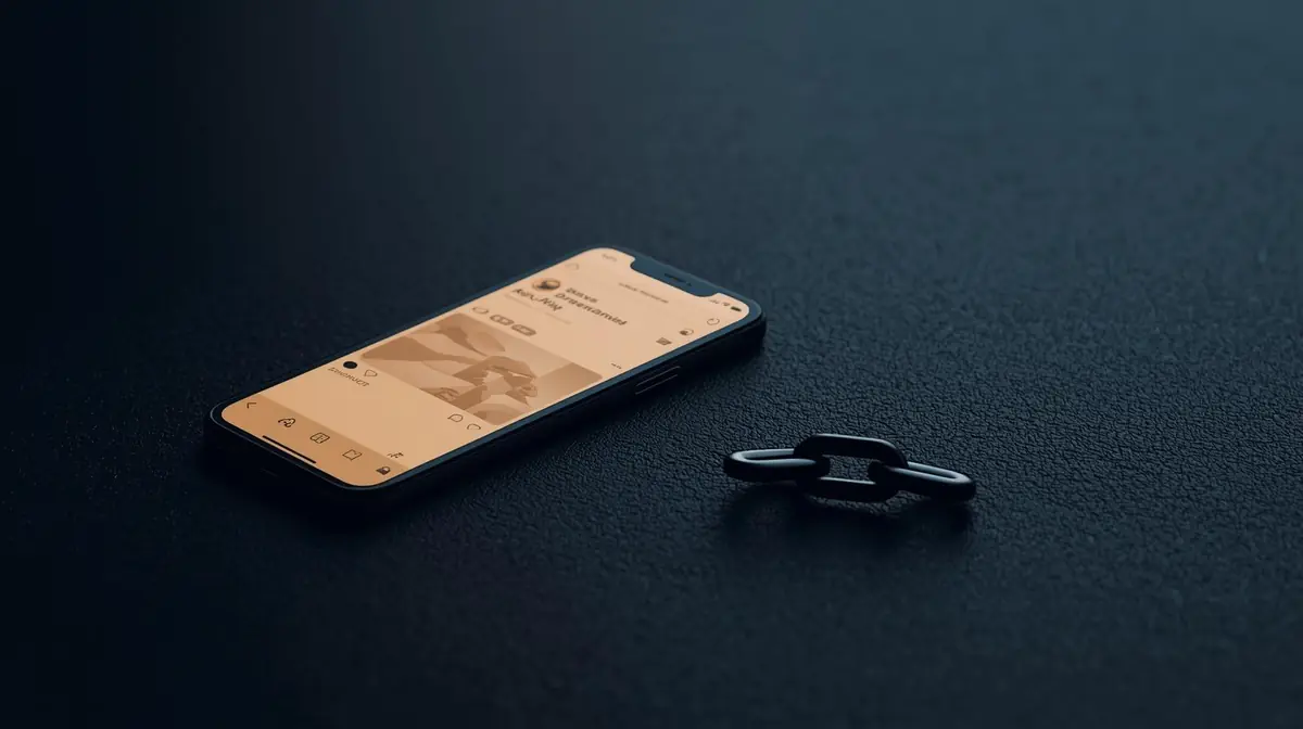 A cracked chain link overlaid on a glowing smartphone screen showing a social media feed