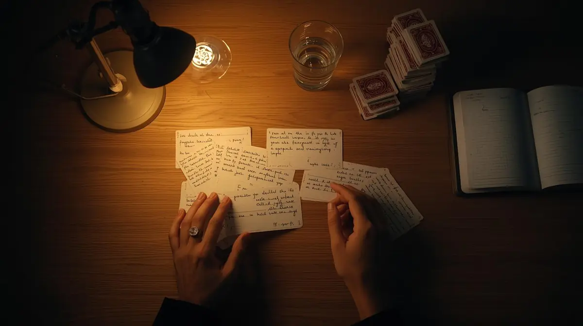 A person reviewing flashcards at a desk with a scheduling calendar visible in the background
