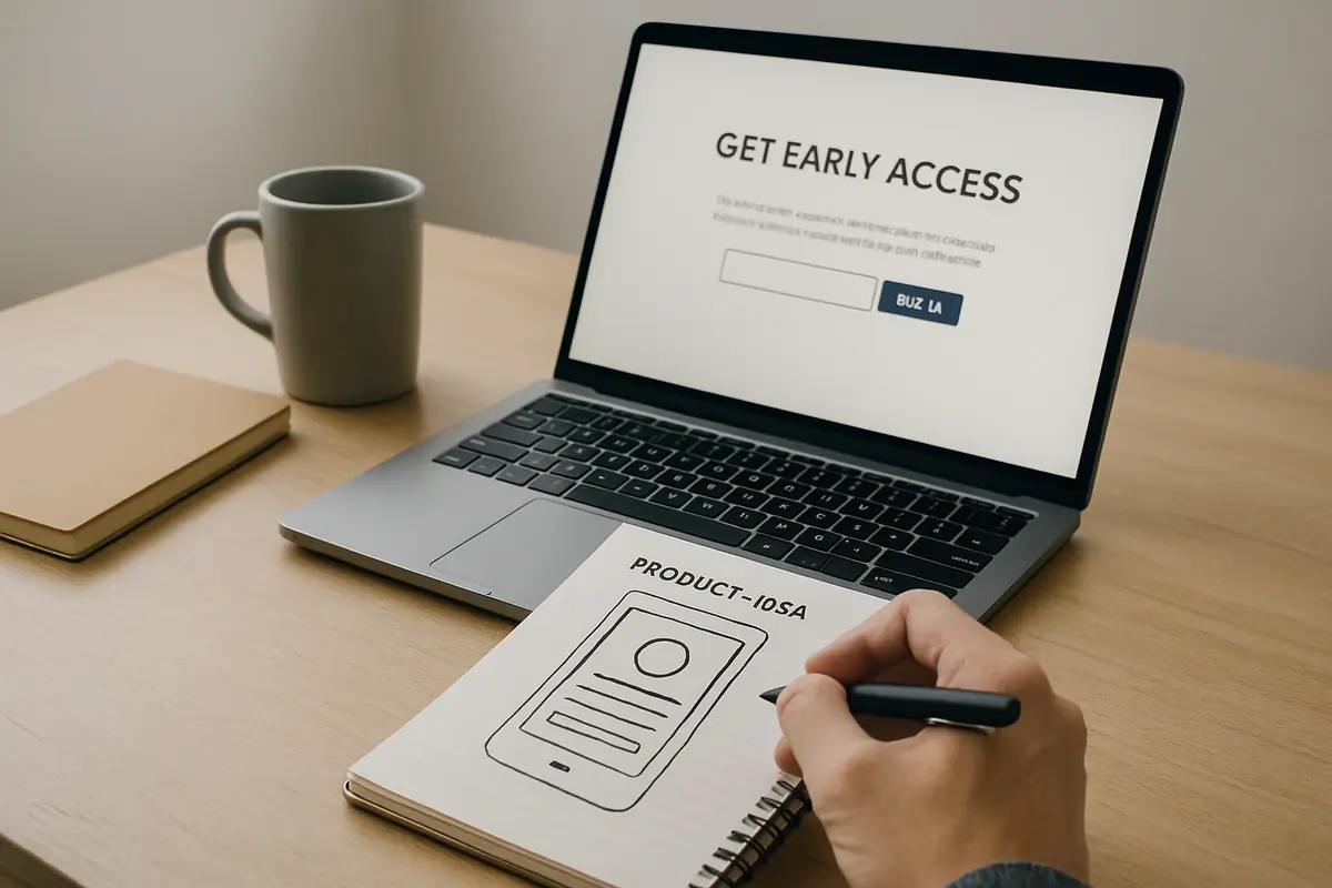 A realistic photo of a founder sketching a product concept on a notepad while testing interest using a laptop on a clean desk.