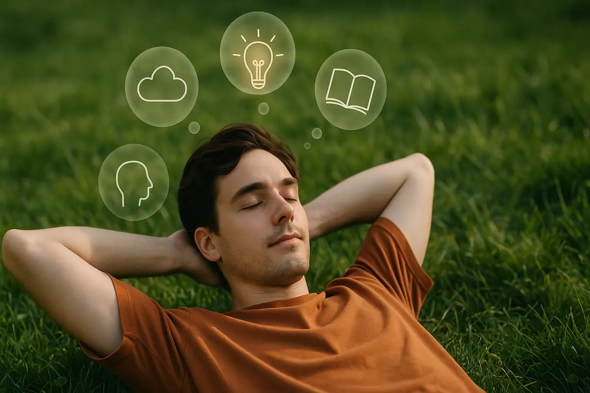 A minimalist illustration of a relaxed person lying on grass with floating thought icons, symbolizing how rest fuels creativity and insight.
