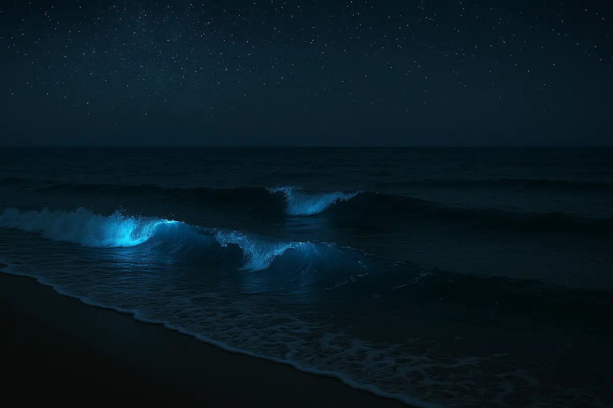 A night scene of waves glowing with blue bioluminescence, illustrating the natural beauty of light-producing ocean organisms.