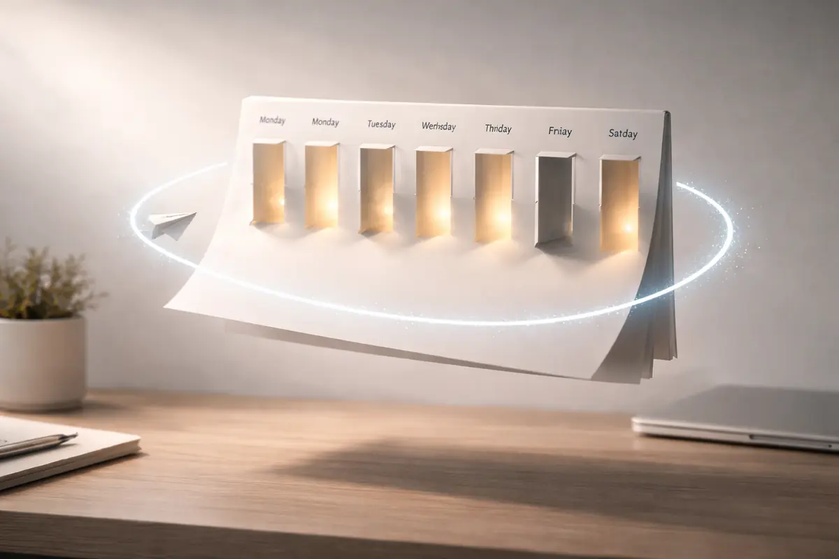 A realistic photo of a wall calendar with seven days highlighted and sticky notes labeled with simple tasks, symbolizing a one-week validation sprint.