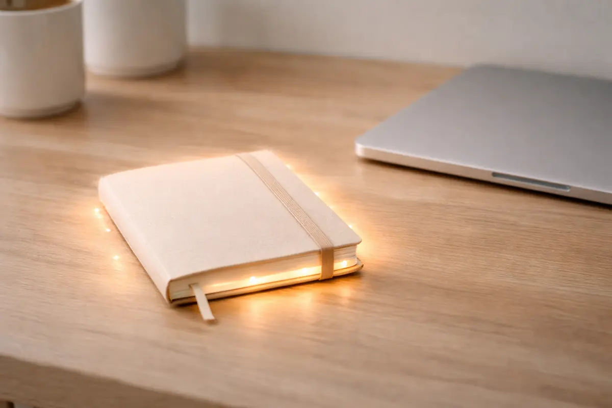 A realistic photo of a small desk notebook glowing beside a laptop, symbolizing personal memory and digital assistance.