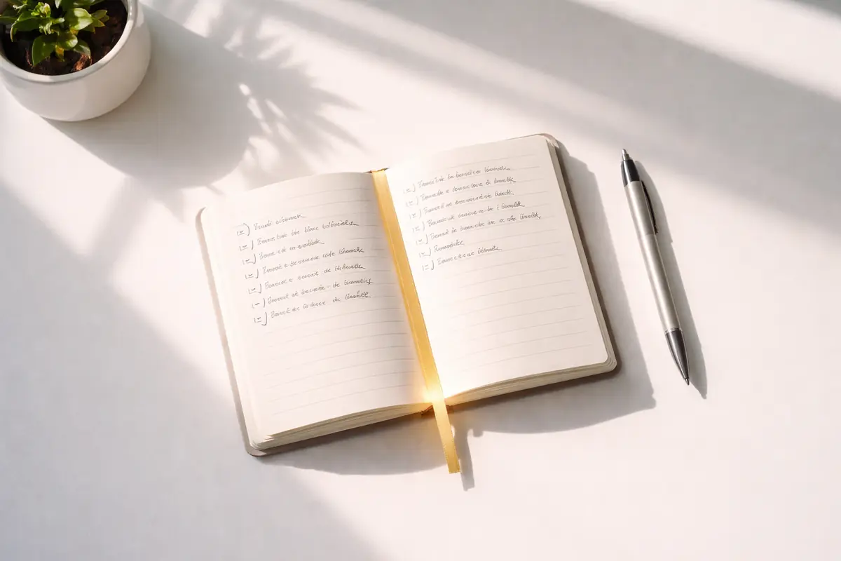 A realistic photo of a tidy desk with a single notebook and a small stack of completed tasks, symbolizing quiet reliability.