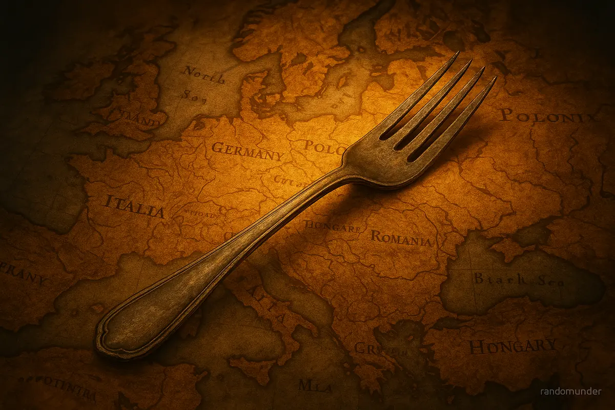 An antique silver fork resting diagonally on a parchment map of Europe, bathed in warm vintage light, symbolizing the fork's journey through culture and time.