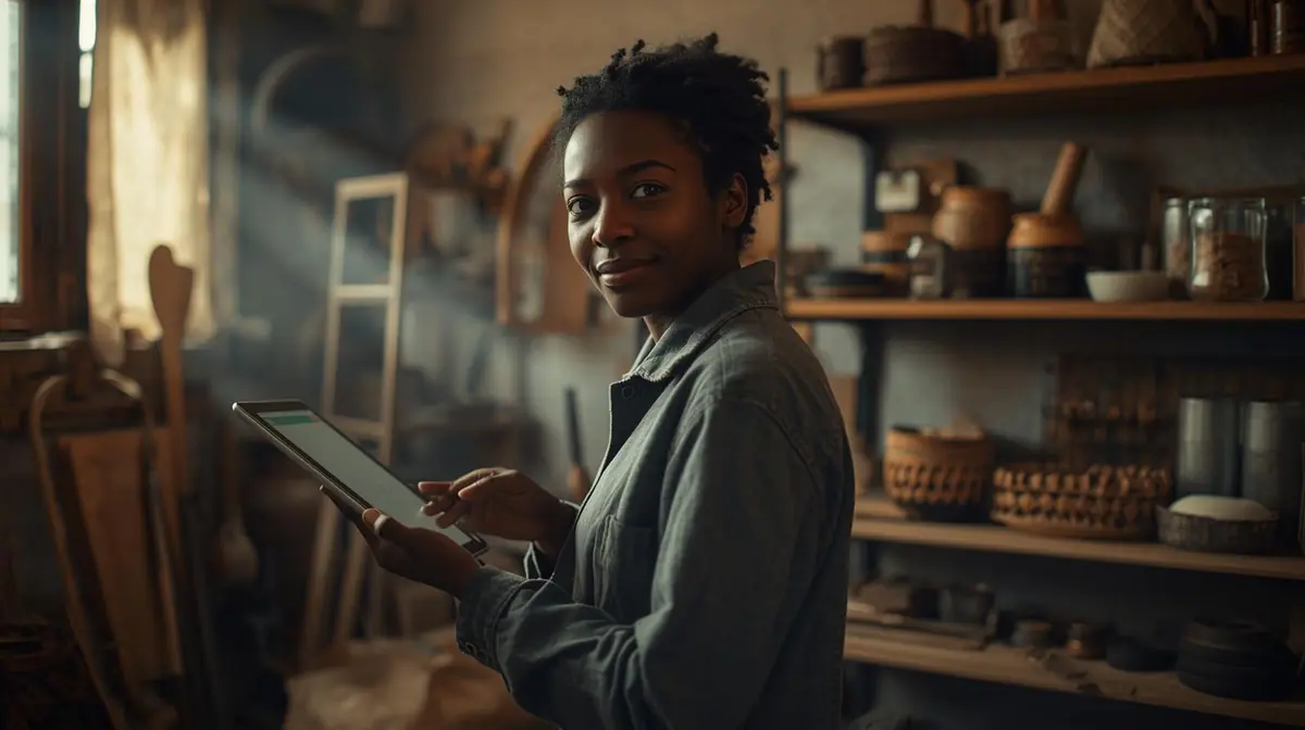 A person gesturing at a screen showing a simple app interface they have built, expression showing quiet satisfaction