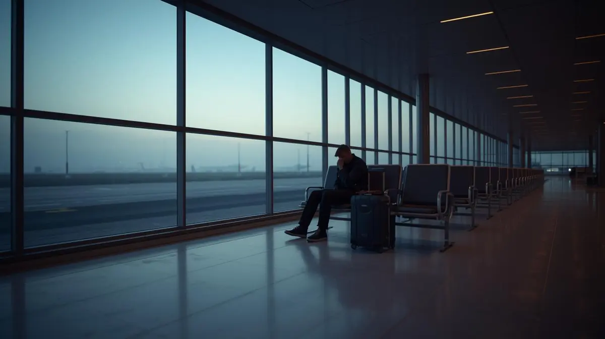 A weary traveller sitting alone at an airport gate looking out at the runway at dawn, with empty terminal chairs around them