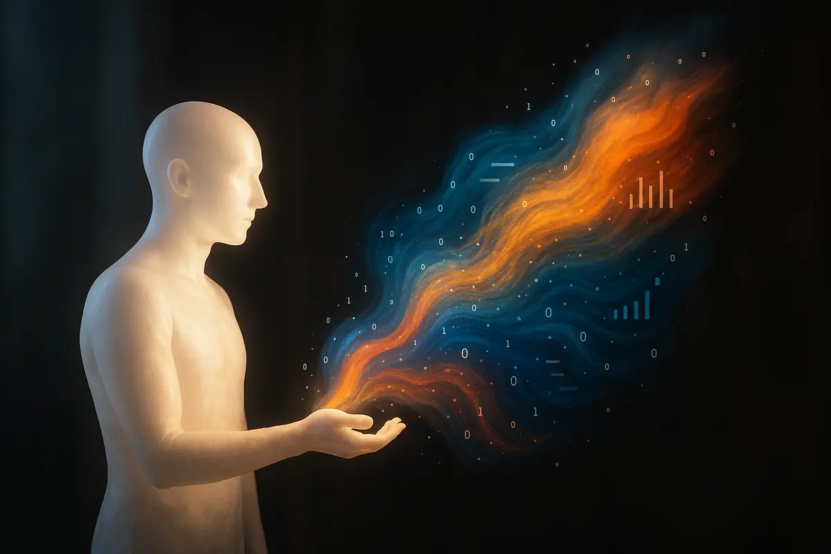 A glowing humanoid figure releasing colorful data streams, symbolizing the fusion of human creativity and artificial intelligence.