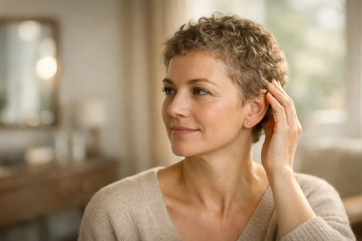 A close-up editorial-style image of short post-chemo hair regrowth being gently touched in soft natural light.