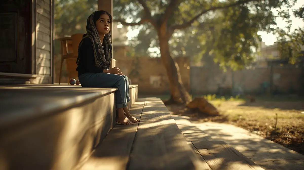 A young child sitting alone on a porch step looking thoughtfully into the distance on a sunny afternoon