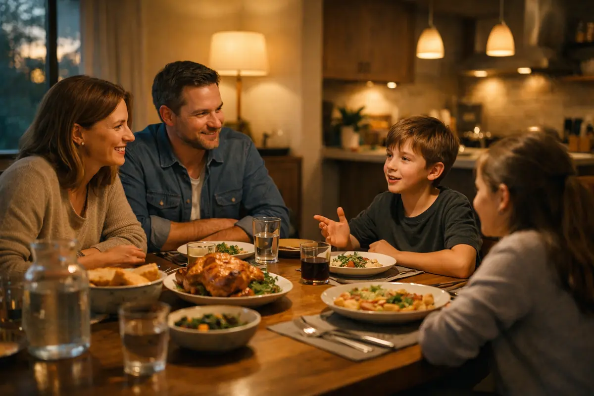 A warm family dinner scene with parents and children talking around a table in soft evening light.