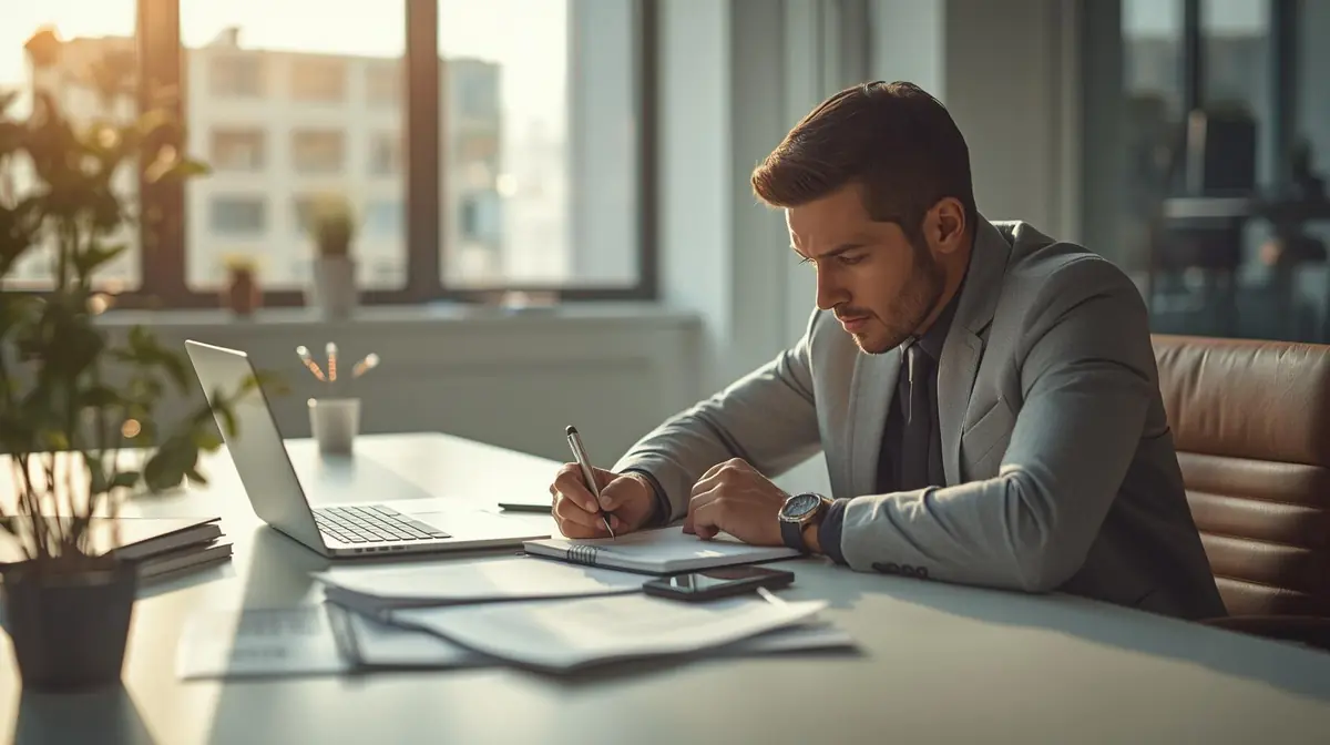 A startup founder writing notes beside a laptop in a focused workspace, symbolizing fast execution guided by clarity.