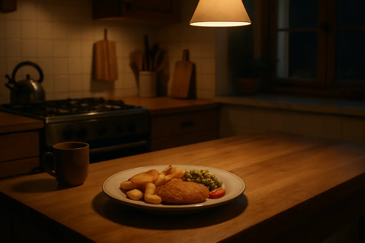 A cozy nighttime kitchen scene with warm light illuminating a plate of simple comfort food on a wooden counter.