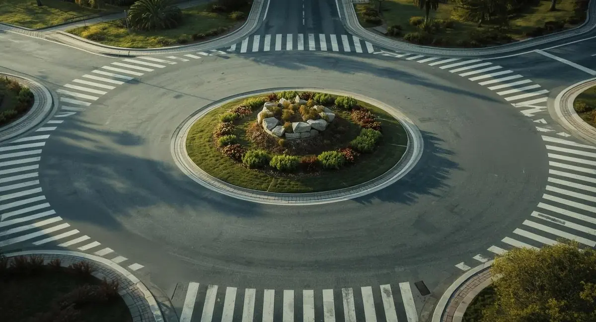 A modern roundabout with cars flowing smoothly through the intersection in daylight.