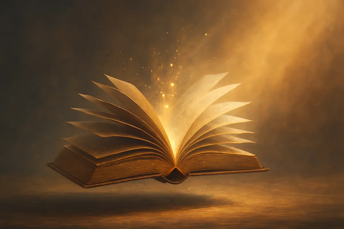 A realistic open book resting on a wooden table with warm sunlight illuminating the pages, symbolising the idea of books arriving at the right moment in life.