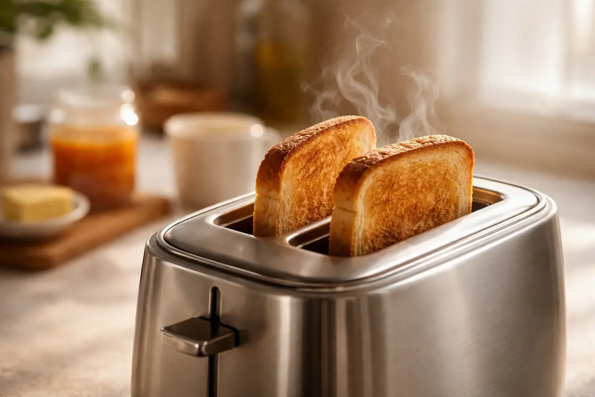 Slices of golden toast rising from a toaster with warm steam in a softly lit kitchen.