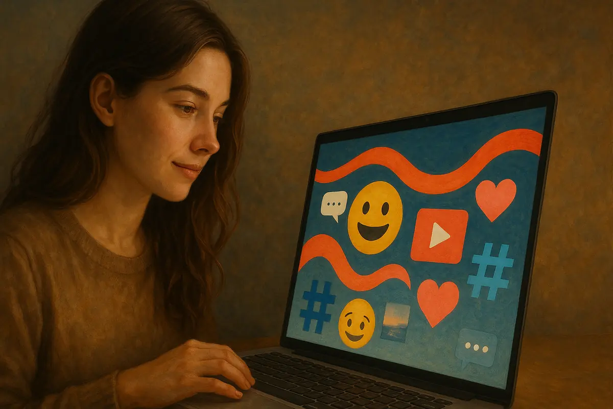 A vibrant, collage-style digital illustration showing fast-moving internet icons, emojis, and trend waves flowing across a screen.