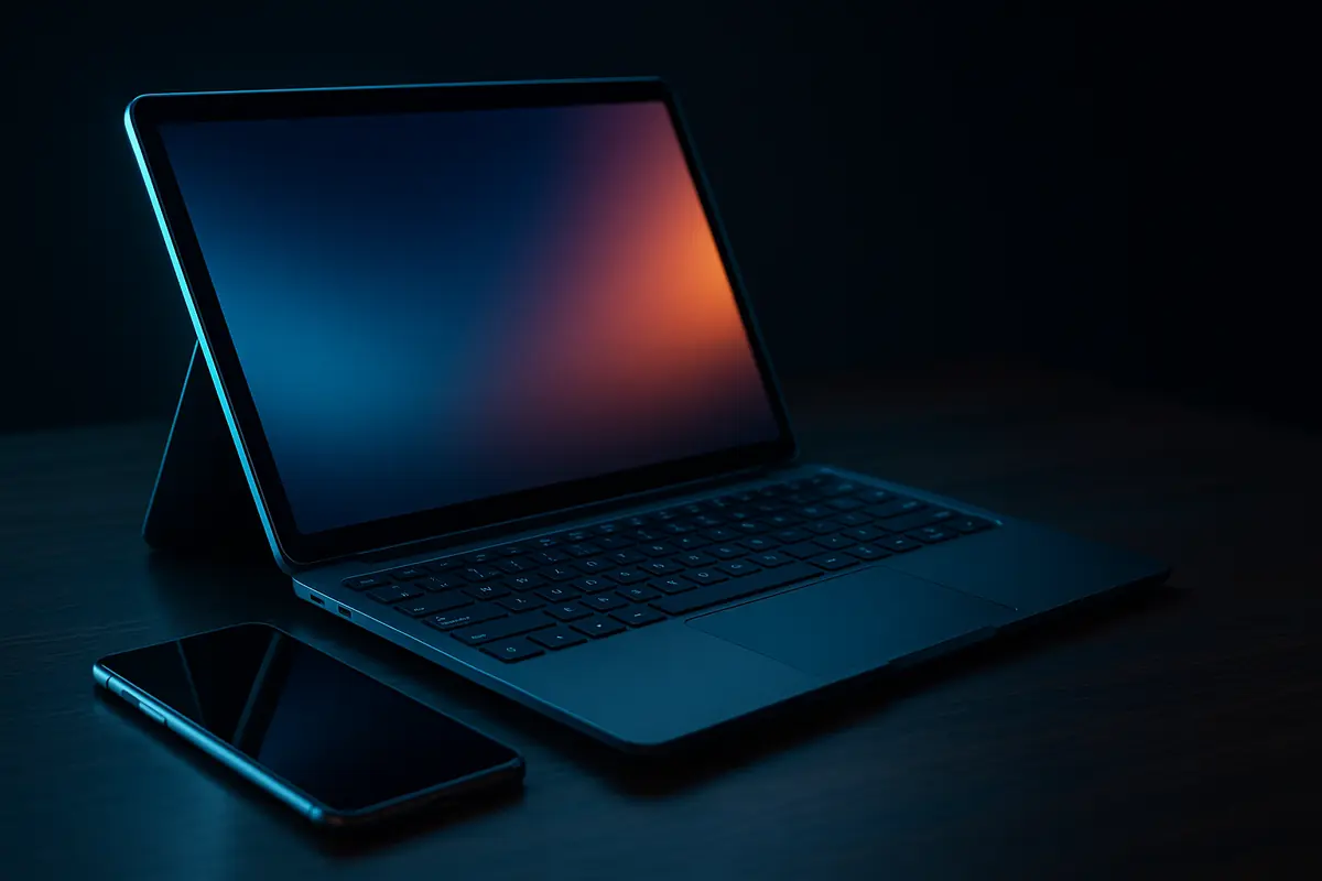 A realistic image of a thin hybrid tablet-laptop device with a detachable keyboard glowing beside a smartphone, symbolizing the future of portable computing.