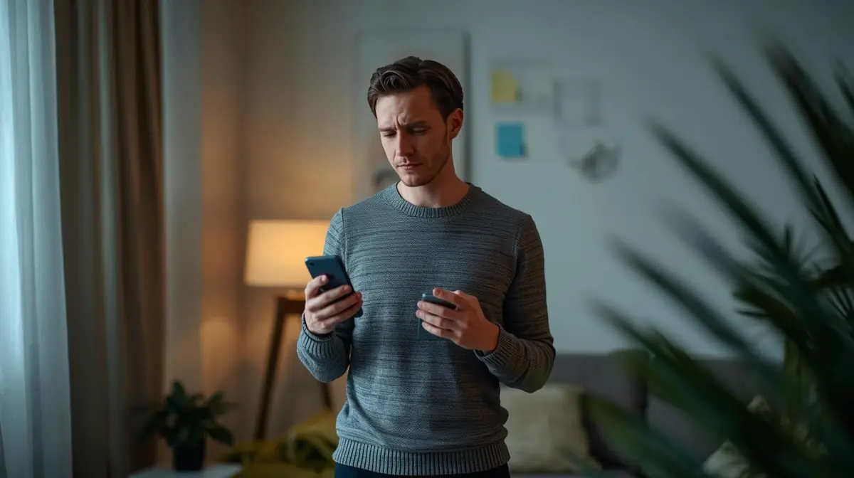 A realistic close-up of a person looking at a smartphone while trying to recall something, with sticky notes blurred in the background.