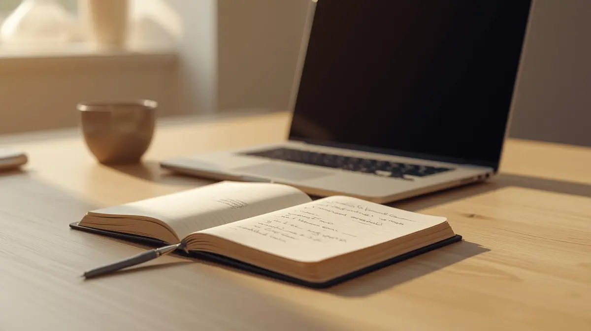 An open notebook with handwritten notes beside a laptop and coffee cup on a tidy desk
