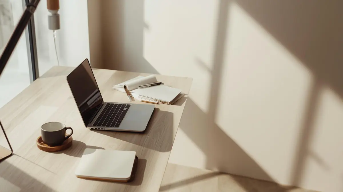A clean desk setup with a laptop, a notebook, and a cup of coffee, suggesting a focused and deliberate work environment