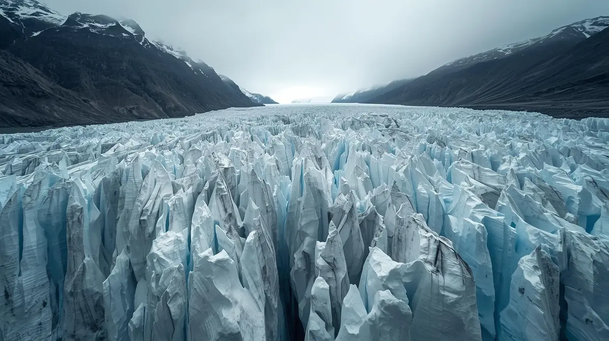 A vast glacier descending between dark rocky peaks under a pale overcast sky, showing the scale of ancient ice in a mountain landscape